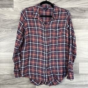 Lucky Brand Shirt Womens M Pink Button Up Top Plaid Long Sleeve Lightweight Cozy